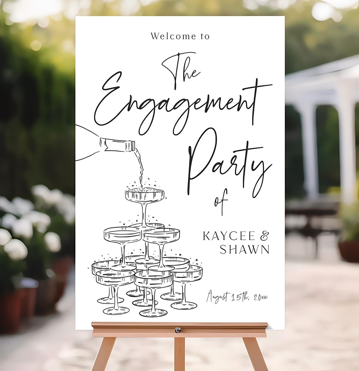 Champagne Tower Engagement Sign Black and White