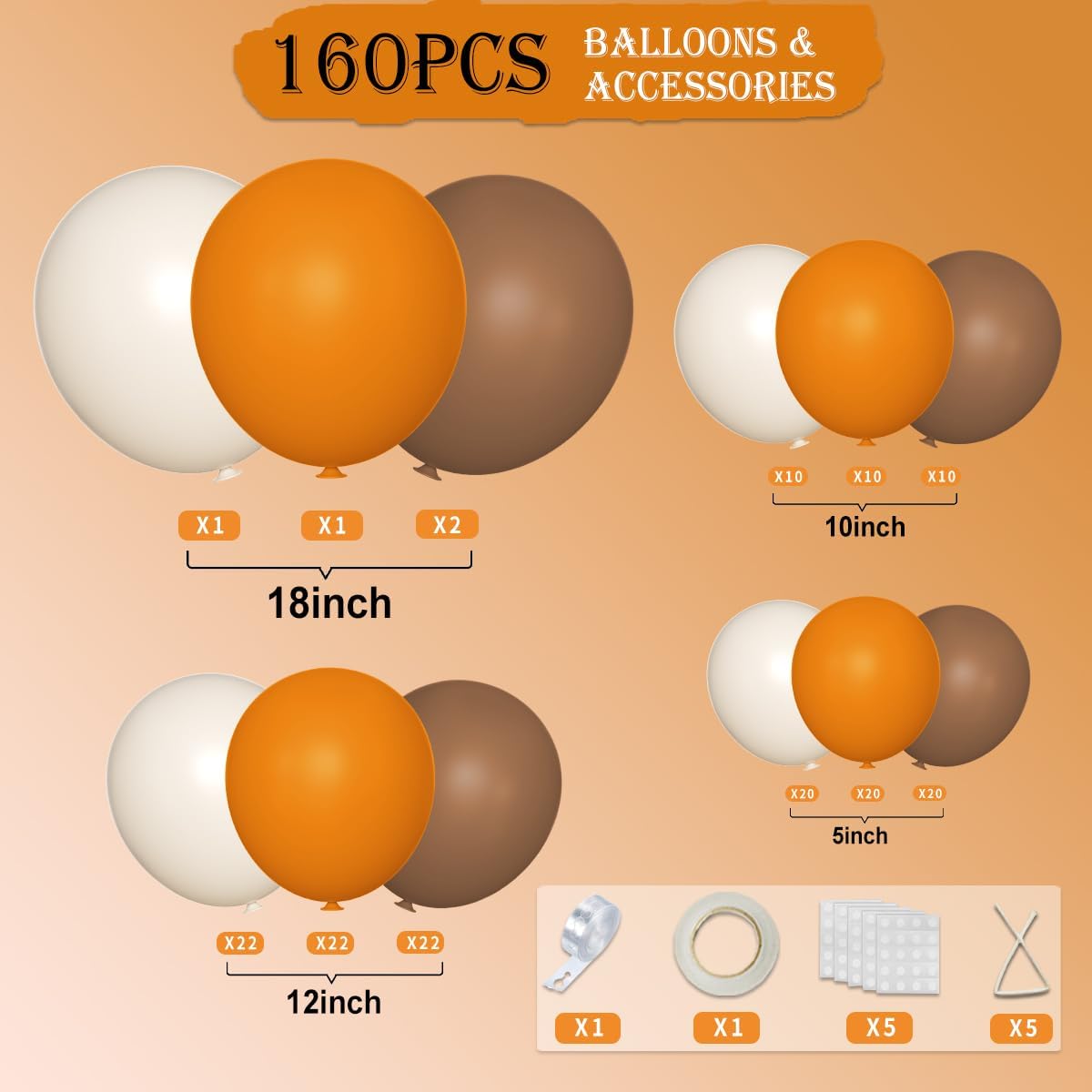 Orange White Brown Balloon Garland Arch Kit, 160Pcs Boho Burnt Orange Coffee Brown White Balloons for Birthday, Bridal Baby Shower, Wedding Party Decorations
