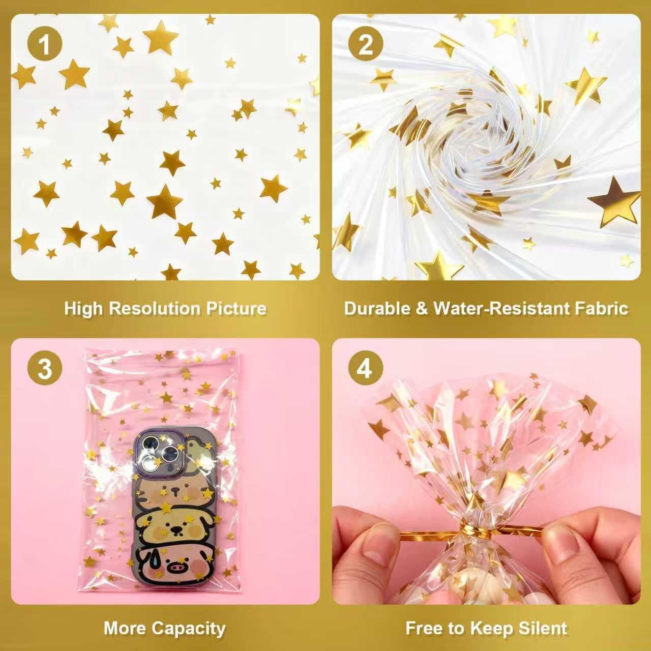 Cherodada 100 Pcs Star Printed Gift Cellophane Treat Bags, Celebrations Baby Showers Weddings Birthday Party Gift Wrapping(2x10 Inch)