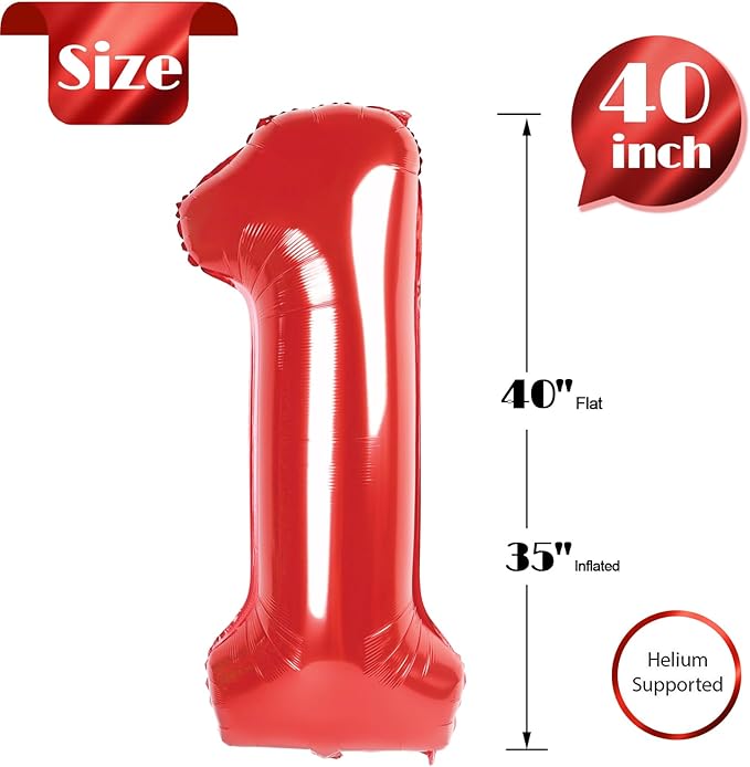 Red Number 1 Balloon 40 Inch, 1st Birthday Balloon for Baby Boy Girl Toddler First Birthday Decorations, Shiny Red Party Supplies