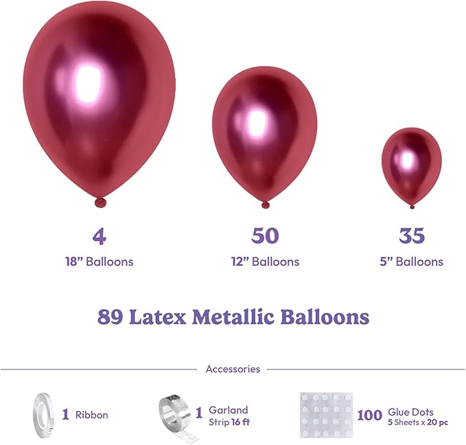 HOUSE OF PARTY Metallic Red Balloons Garland | Red 89 Latex Metallic Balloons for Graduation Decorations, Wedding & Christmas Party Decoration