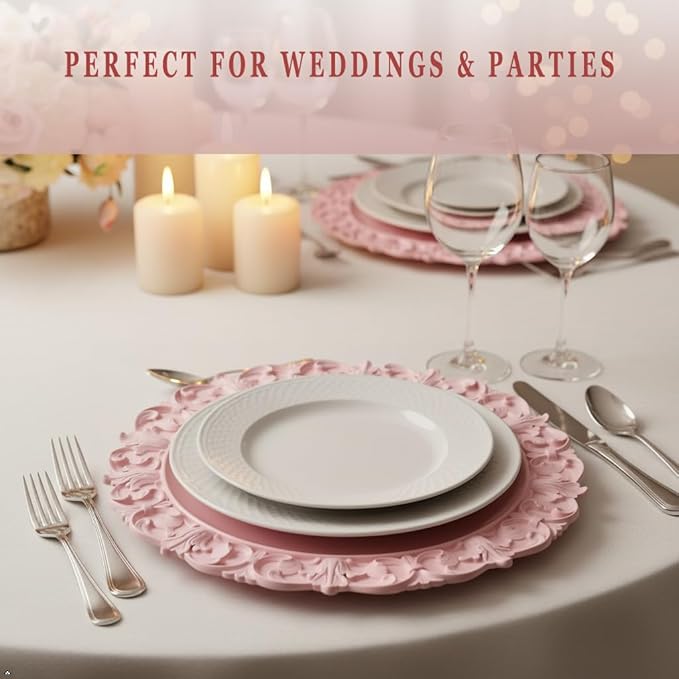 13" Pink Charger Plates, Set of 6 Plastic Textured Chargers for Dinner Plates with Embossed Rim, Table Décor, Party, Wedding, Holiday