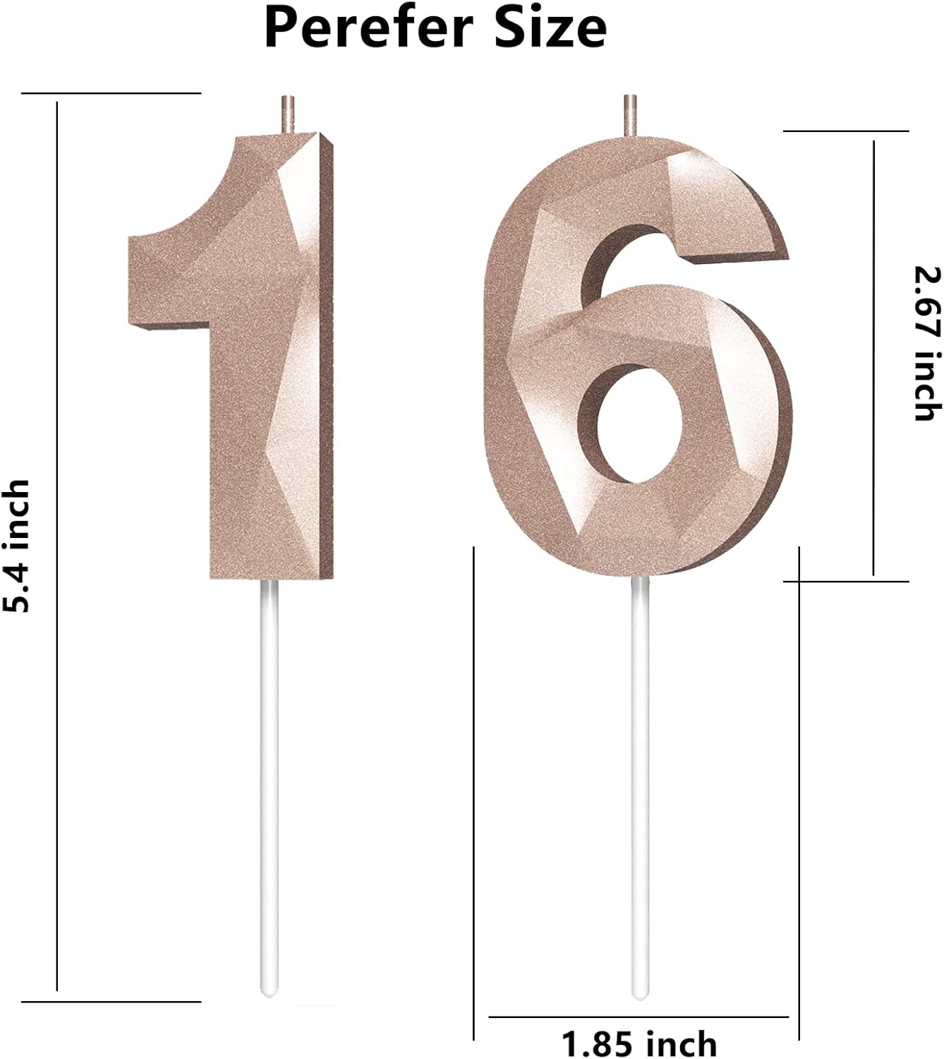 Number Birthday Candles(16 Candle Rose Gold) 3D Diamond Shape Number Happy Birthday Cake Candles for Birthday Party Wedding Decoration Reunions Theme Party