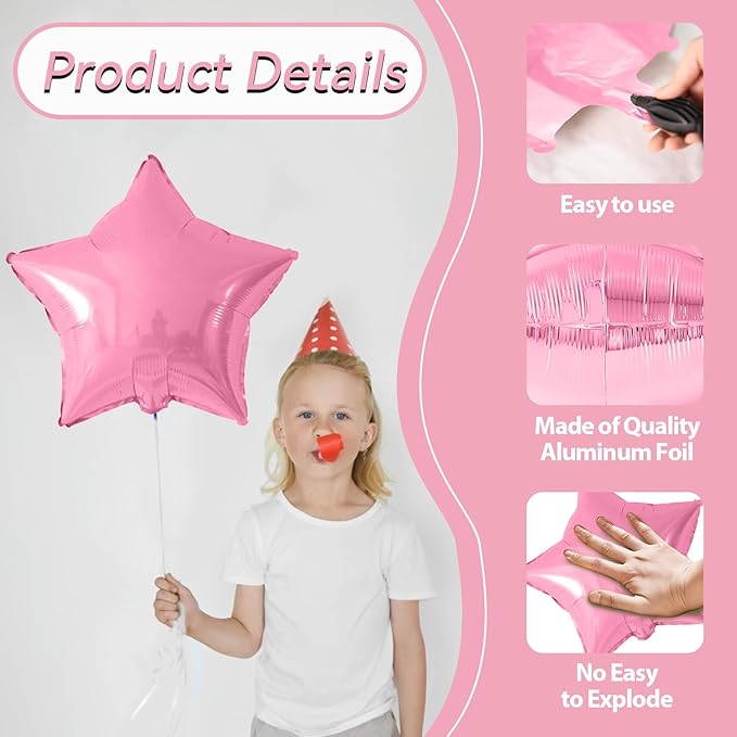 Pink and Silver Star Foil Balloons, 10PCS Pink Laser Silver Foil Stars Shape Balloon, 18 Inch Metallic Glitter Stars Balloons Helium for Girls Women Birthday, Princess, Anniversary Party Decoration