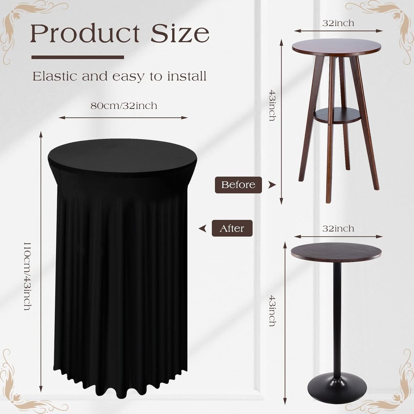 Tegeme 3 Packs 32 x 43 Inch Round Spandex Cocktail Tablecloths with Skirt Cocktail Round Table Cover Spandex Stretch Tablecloth for Fitted High Top Table Bar Wedding Party Banquet (Black)