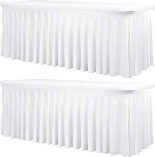 2 Packs White Stretch Table Skirts for 6 Foot Rectangle Table, Washable Spandex Stretch Tablecloths with Skirt, Wrinkle Resistant Fitted Tablecover for Wedding Party Banquet