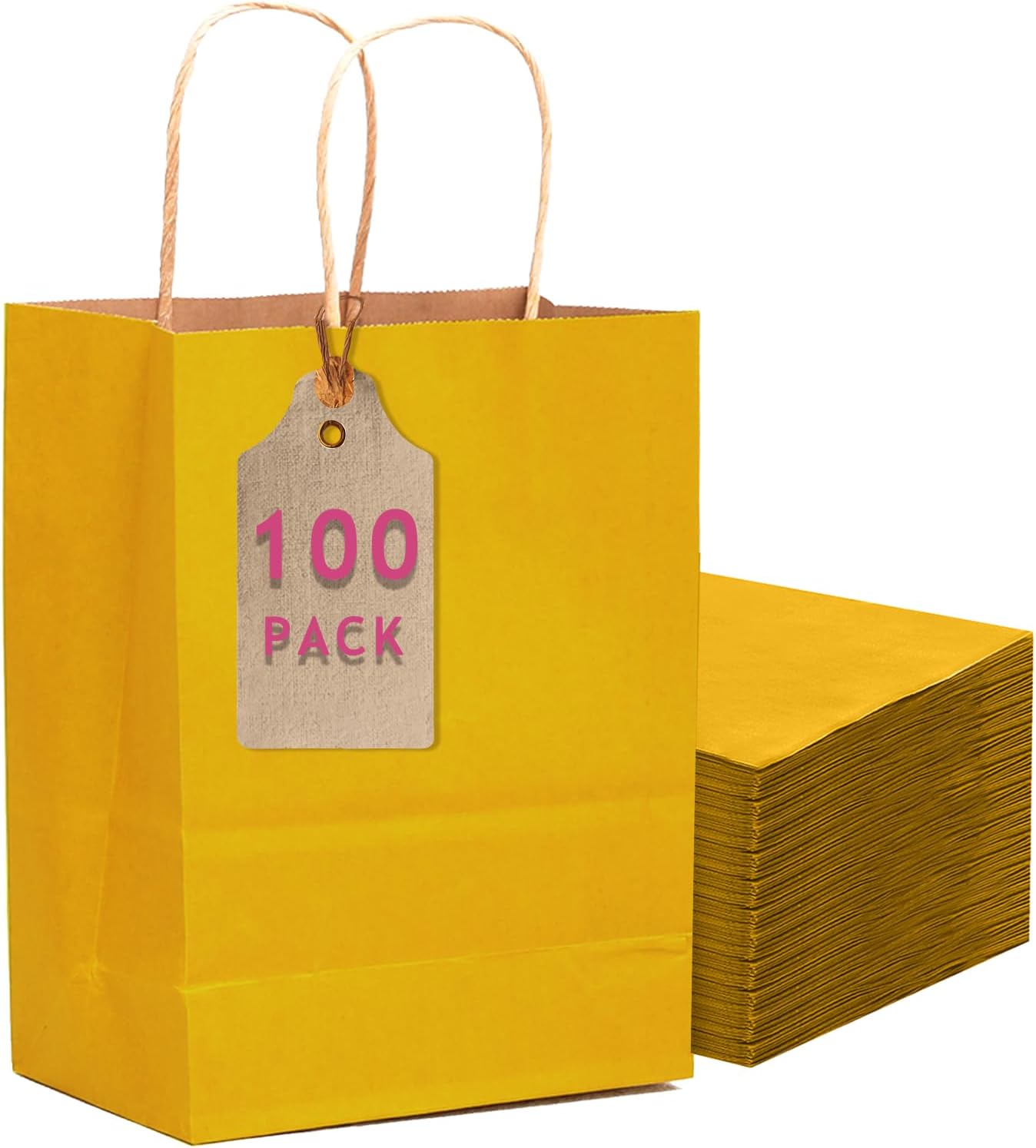 qiqee 100PCS Gift Bag with Handles Bulk Bright Yellow Paper Bags Multiple Uses (11"x5"x8" Medium Size)