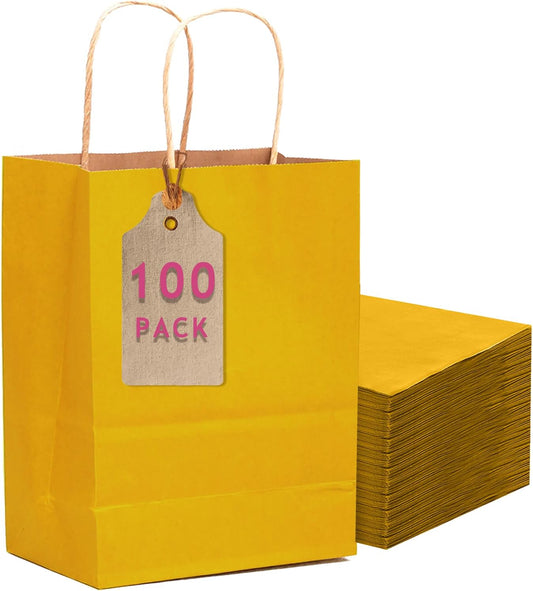 qiqee 100PCS Gift Bag with Handles Bulk Bright Yellow Paper Bags Multiple Uses (11"x5"x8" Medium Size)