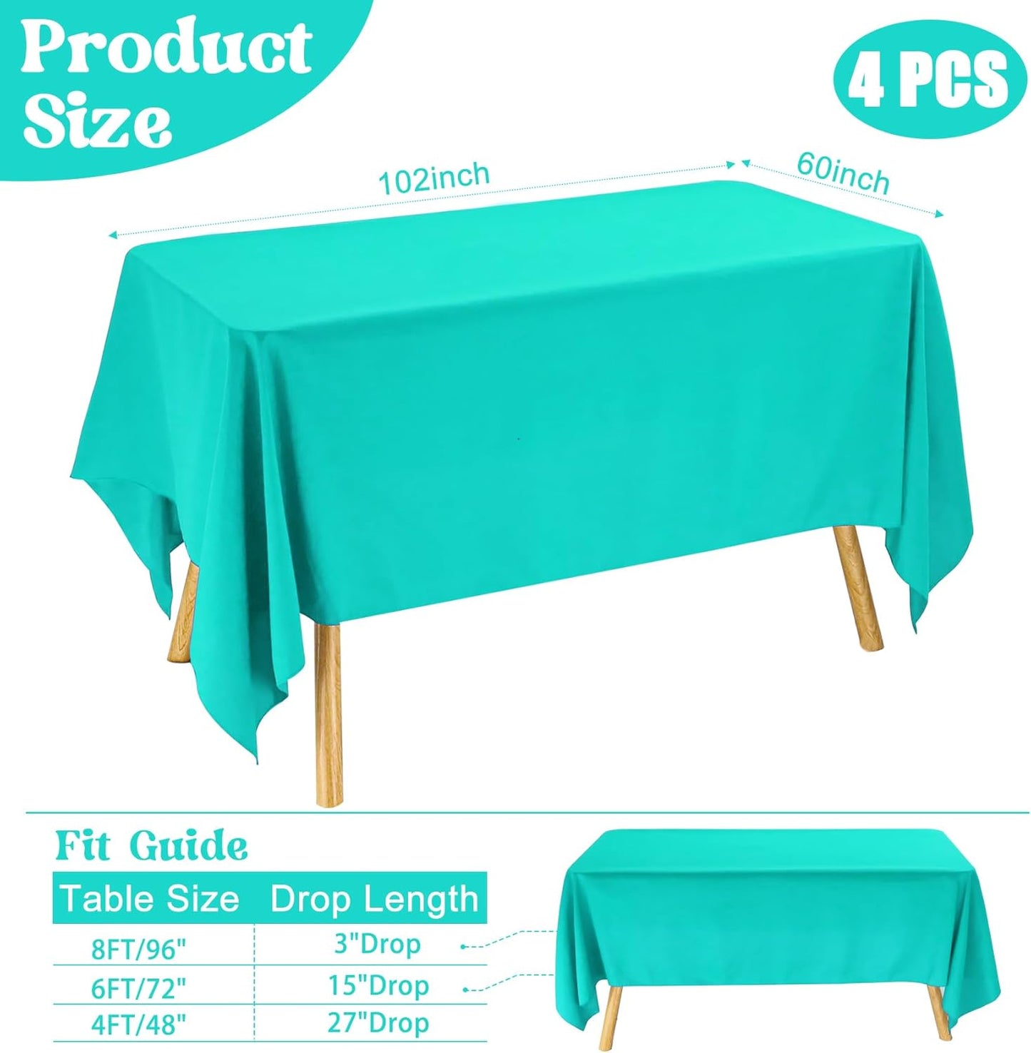 4 Pack Rectangle Tablecloth for 6 Foot Tables Washable Polyester Table Cover for Wedding Dining Table Parties Banquet（60x102 Turquoise）