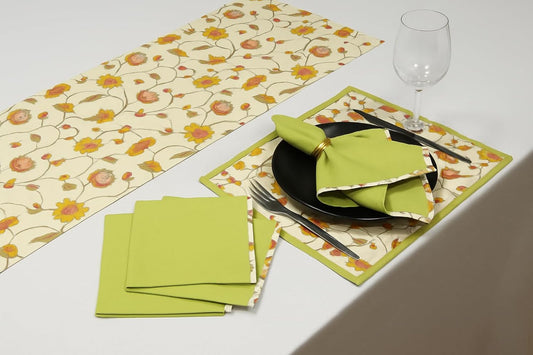 Indtresor Indian Heritage Fabric Cotton Table Linen Reversible Set Runner Napkins Mats in Orange Green