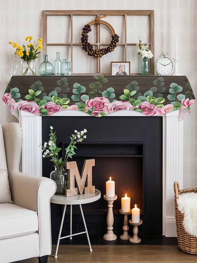 Spring Pink Roses Fireplace Mantel Scarf Table Runner, Pastoral Eucalyptus Leaves Brown Wooden Winter Garland Mantel Top Tablerunners Dresser Scarves Cover for Windows Party Living Room 90''x17''