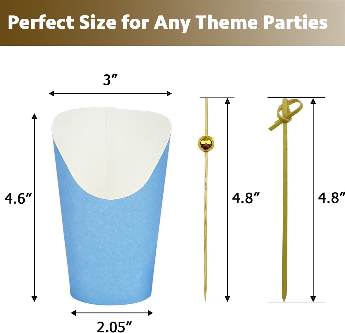 CAMKYDE 50 Charcuterie Cups + 200 Cocktail Picks + 56 Labels, 12 oz Disposable Charcuterie Cups with Sticks (2 Types), French Fry Cup Blue Paper Appetizer Cup for all Occasions (Blue)