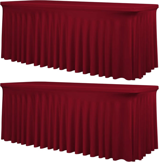 2 Packs Burgundy Stretch Table Skirts for 6 Foot Rectangle Table, Washable Spandex Stretch Tablecloths with Skirt, Wrinkle Resistant Fitted Tablecover for Wedding Party Banquet