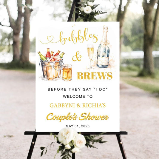 Personalized Greenery Eucalyptus Bubbles and Brews Couples Shower Welcome Sign, Gold Modern Minimalist Wedding Shower Bridal Party Decoration, Outdoor Plastic Sign Weatherproof #4