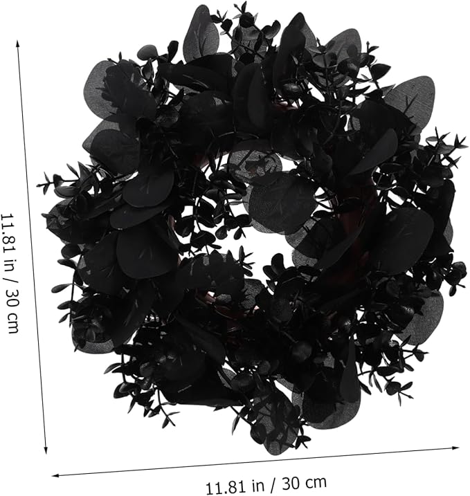 STOBAZA Halloween Eucalyptus Leaf Wreath Black Artificial Decorations Front Door Hanging Garland Eucalyptus Leaves Garland Halloween Theme Decor