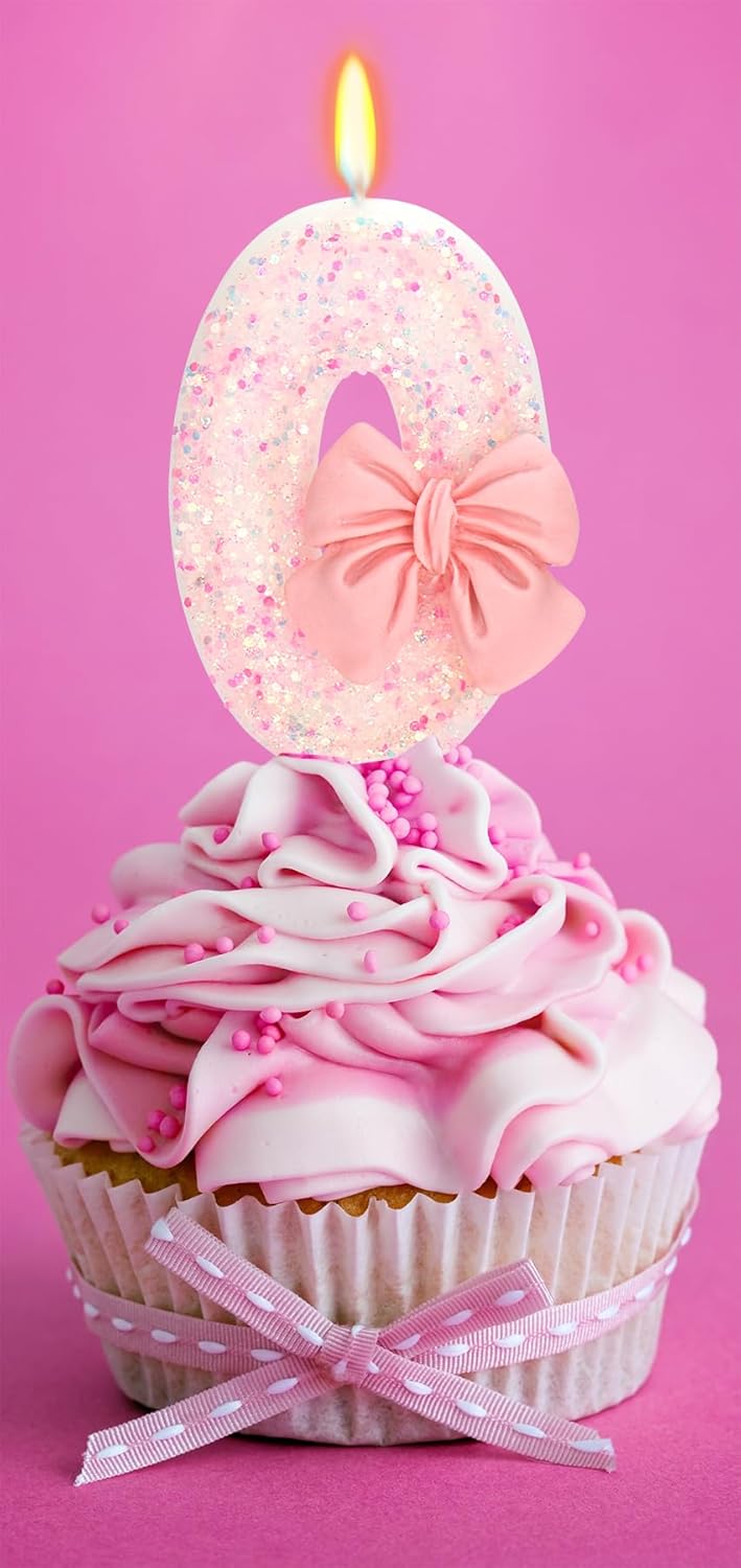 Birthday Candle for Cake, 0 Candle - Pink Glitter with Bowknot, 2.76 inch Happy Birthday Candle, Cake Topper Decoration for 10 20 30 40 50 60 70 Years Old Birthday Party (Number 0)