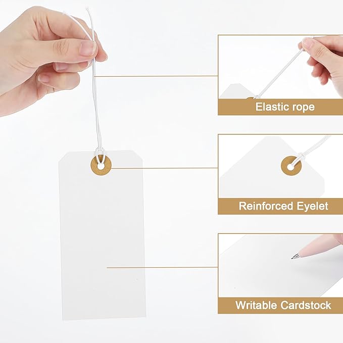 300 Pcs White Hanging Tags with Elastic String – Large 4.72" x 2.36" Writable Marking Tags, Reinforced Hole for Gifts, Inventory & Pricing (Premium Cardstock)
