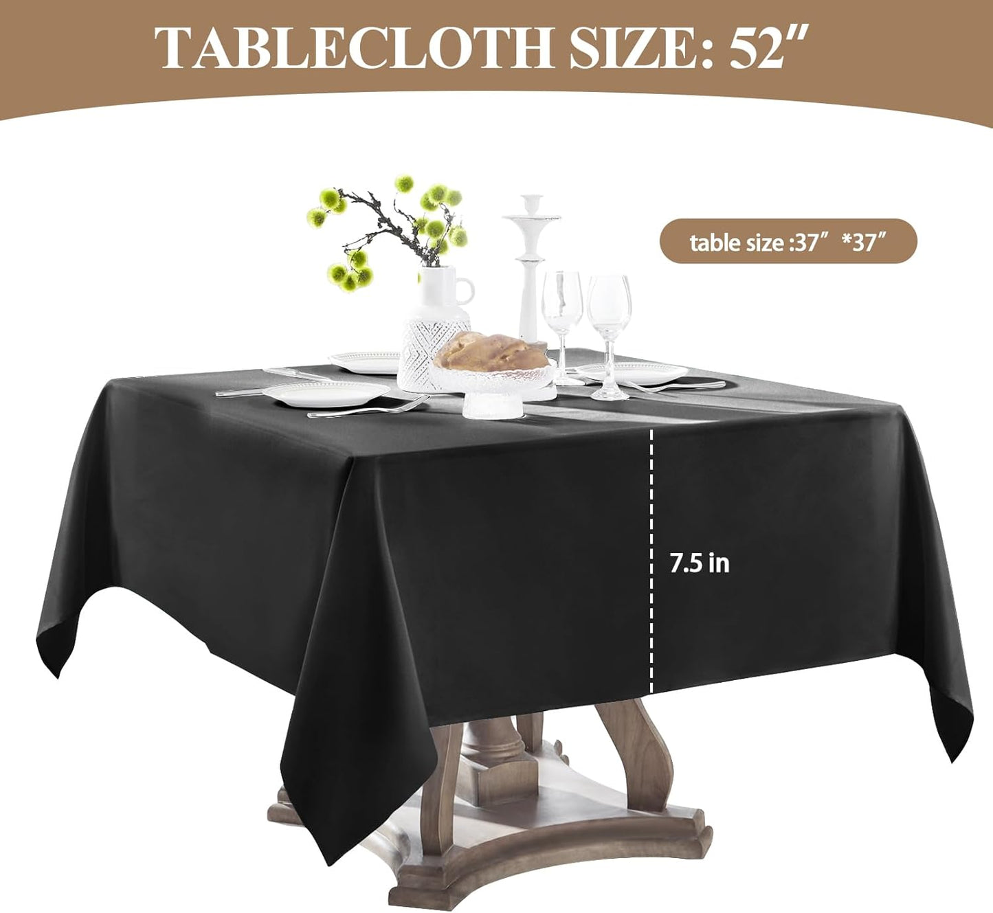 Square Tablecloth 52 x 52 Inch Black 2 Pack Tablecloths Stain-Wrinkle Resistant Washable Polyester Table Cloths for Holiday, Buffet Parties,and Wedding