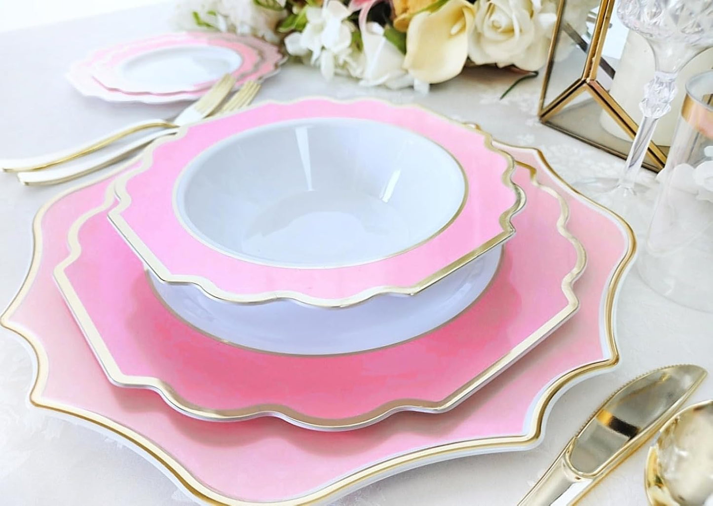 " OCCASIONS " 80 Plates Pack,(40 Guests) Heavyweight Premium Wedding Party Disposable Plastic Plates Set -40 x 10.5'' Dinner + 40 x 8'' Salad/Dessert(Imperial in Light Pink & Gold)