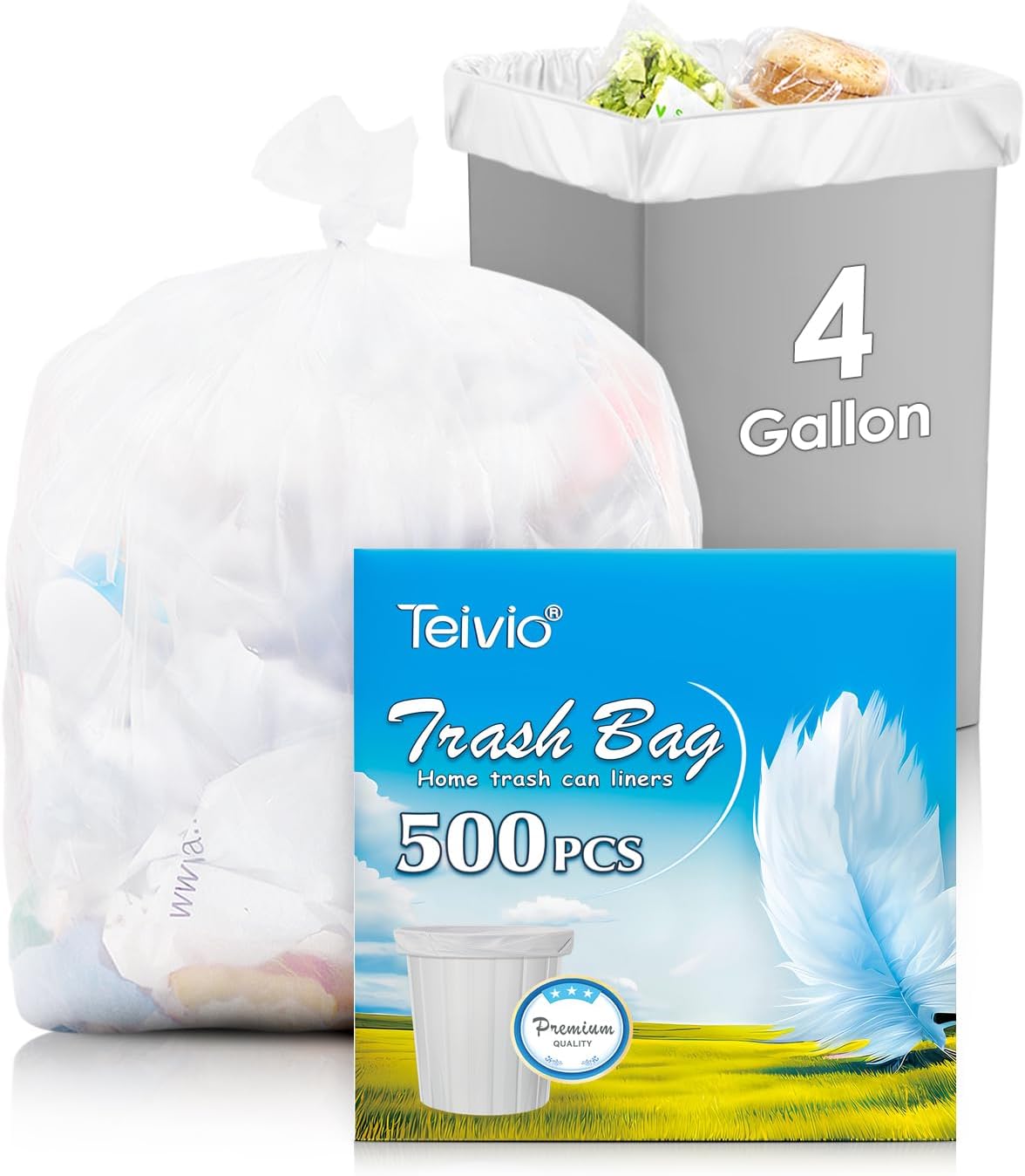 Teivio 4 Gallon 500 Counts Clear Trash Bags Garbage Bags, Mini Waste Basket Liners,Bathroom Trash Can Bin Liners, Small Plastic Bags for Home Office Kitchen Car Bedroom Dog waste Baby Diaper