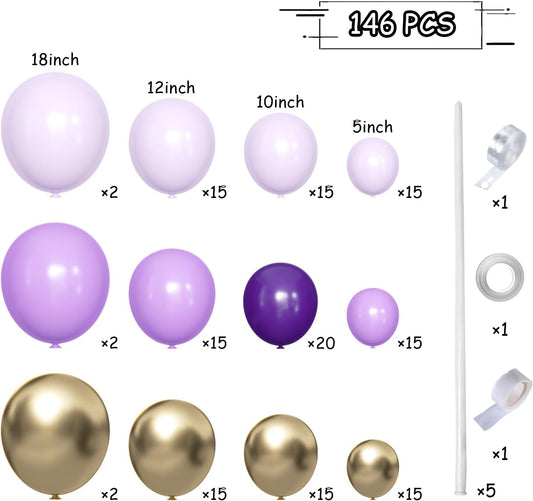 Grey Violet Maca Purple Gold Balloons Garland Arch Kit, 146Pcs Latex Balloons Different Sizes 18 12 10 5 Inch for Party Decoration Birthday Wedding Engagements Anniversary Baby Shower