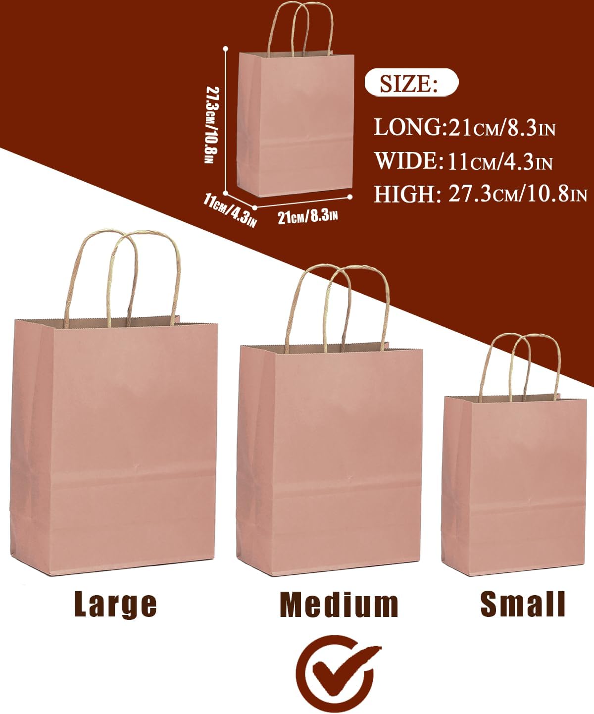 qiqee 100PCS Gift Bag with Handles Bulk Dusty Pink Paper Bags Multiple Uses (11"x5"x8" Medium Size)