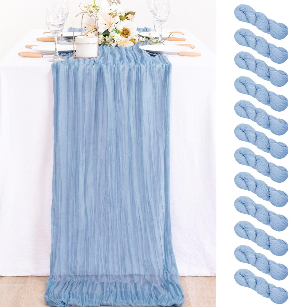 MLMC 12 Pack Dusty Blue Table Runner 10ft Boho Gauze Cheesecloth Fall Table Runner 35x120 Inches Rustic Cheese Cloth Centerpiece for Wedding Bridal Shower Baby Shower Party Decor