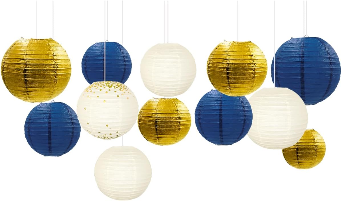 NICROLANDEE Party Decorations - 12PCS Navy Blue Gold Glitter Hanging Paper Lanterns for Graduation Decoration, Birthday, Bridal Shower, Wedding, Engagement, Bachelorette, Gender Reveal Party Supplies