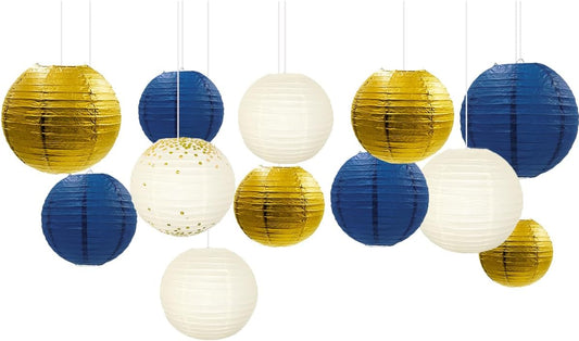 NICROLANDEE Party Decorations - 12PCS Navy Blue Gold Glitter Hanging Paper Lanterns for Graduation Decoration, Birthday, Bridal Shower, Wedding, Engagement, Bachelorette, Gender Reveal Party Supplies