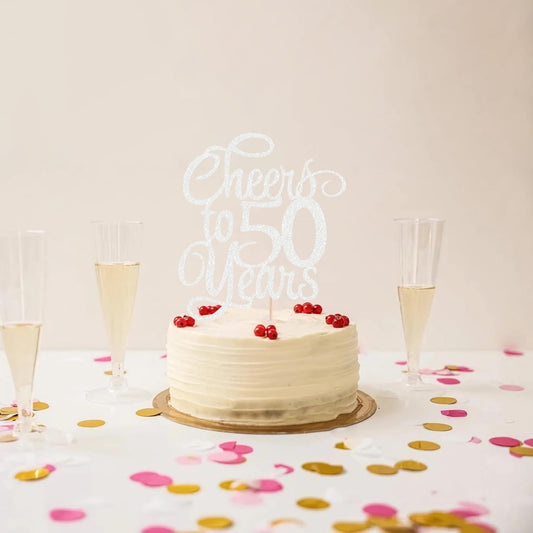 Cheers to 50 Years Cake Topper - Silver Glitter 50th Birthday Cake Decorating Supplies, Perfect for 50th Anniversary or Fifty Birthday Party, Photo Booth Props