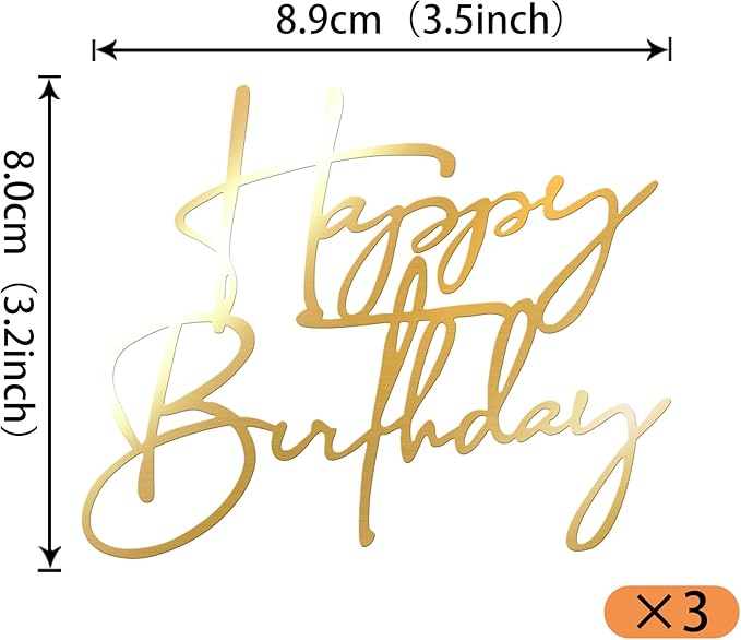 Rsstarxi 3 Pack Happy Birthday Cake Topper Personalized Acrylic Happy Birthday Sign Cake Pick for Men Women Boys Girls Birthday Party Cake Decorations Supplies Gold