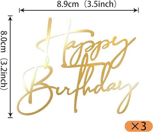 Rsstarxi 3 Pack Happy Birthday Cake Topper Personalized Acrylic Happy Birthday Sign Cake Pick for Men Women Boys Girls Birthday Party Cake Decorations Supplies Gold