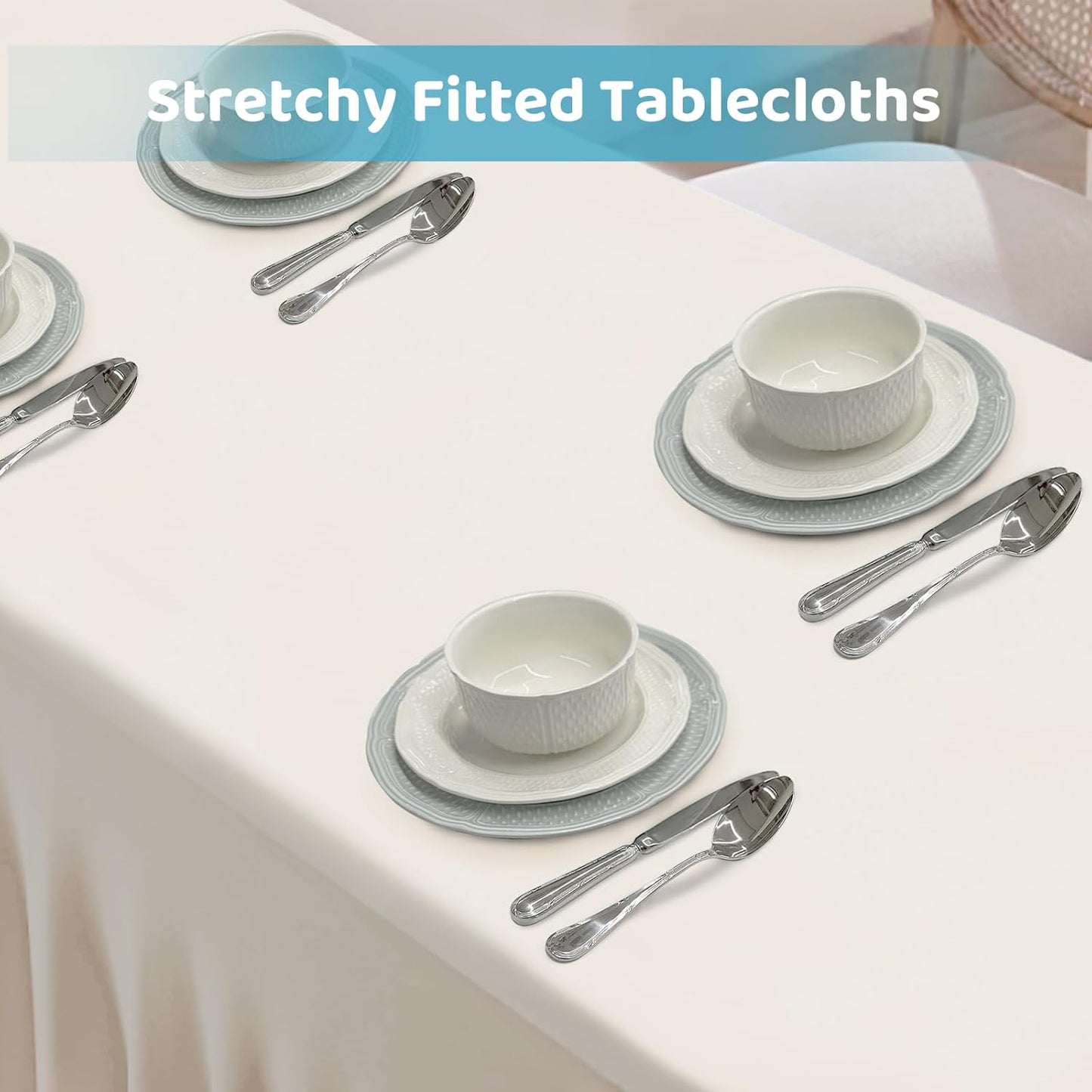 Table Skirts for 8ft Rectangle Tables - 1PCS Beige Table Covers for 8 Foot Tables, Wrinkle Resistant Ruffles Elastic Table Cloths and Table Skirt for Banquets/Weddings/Parties/Birthday