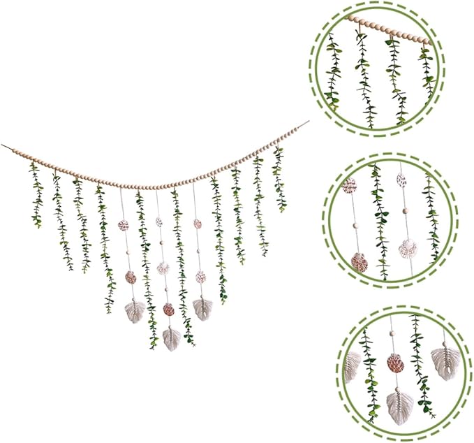 Wooden Bead Hanging Garland with Simulated Eucalyptus Leaves and Shells Lightweight Pastoral Wall Decor for Home Party Window Bedpost Shelf Photo Prop Boho Rustic Style