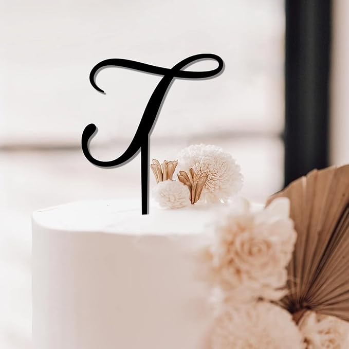 Monogram T Wedding Cake Toppers Personalized Alphabet T Black Acrylic Cake Toppers Bride And Groom Letters T Funny Party Cake Decoration Gifts for Bride Shower Anniversary Engagement