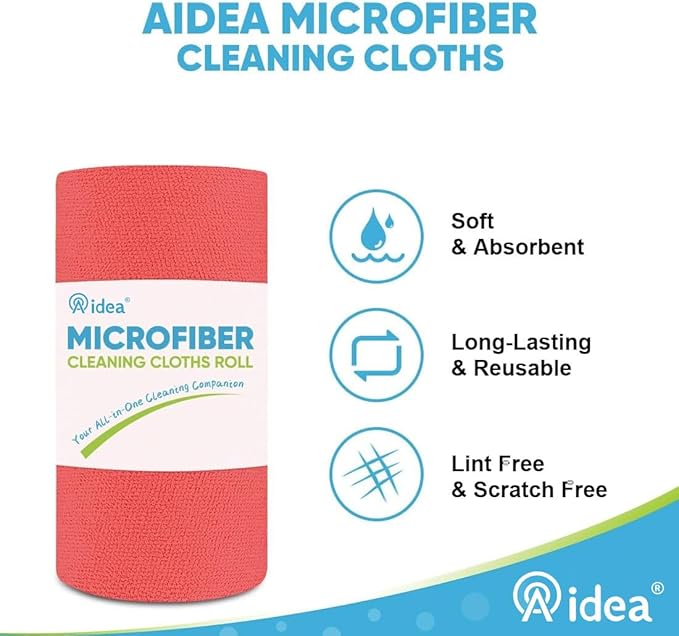 AIDEA Microfiber Cleaning Cloth Roll, Red Shop Towels 55 Sheets Washable, Microfiber Towels for Cars, Shop Rags Reusable Paper Towel for Automotive, Workshop, House, Kitchen, Cleaning Supplies11×9"