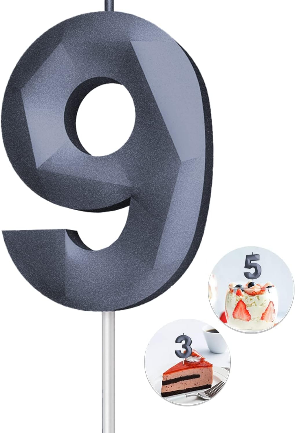 Number Birthday Candles(9 Candle Black) 3D Diamond Shape 9th Happy Birthday Cake Topper Decorations for Boy Men Birthday Wedding Anniversary Celebration Theme Party Supplies