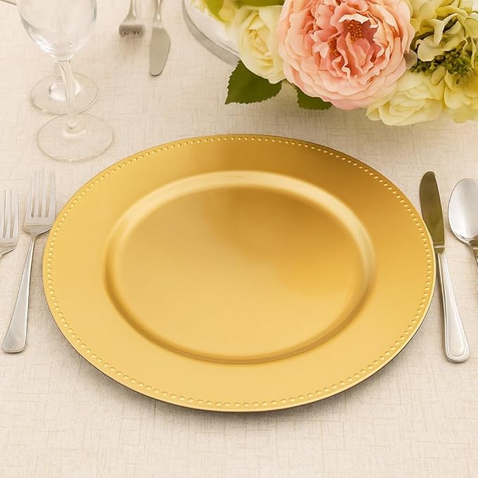 Okllen 12 Pack Plastic Gold Charger Plates, 13" Round Beaded Charger Plates for Wedding, Catering Event, Tabletop Decor