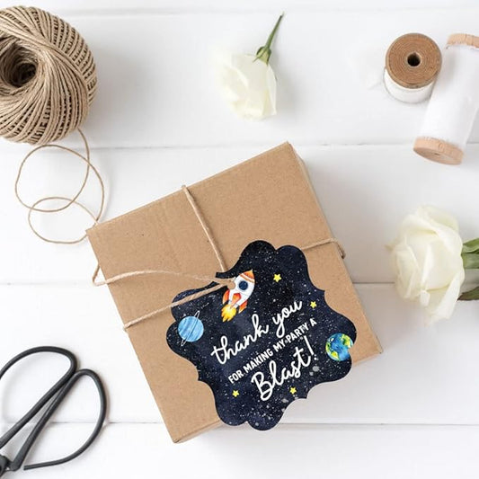 Andaz Press Fancy Frame Kids Party Favor Thank You Tags with String, 48-Pack Outer Space Astronaut Birthday Gift Tags For Gift Bags, Favor Bags Goody Bags Boys & Girls Gender-Neutral 1st Birthday Tags