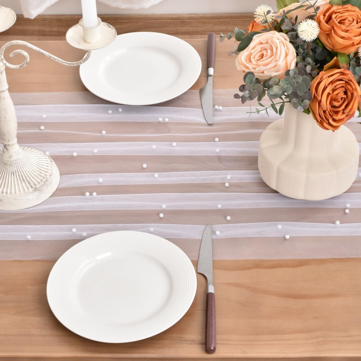 White Pearl Fall Thanksgiving Table Runner Boho Rustic Tulle Lace Table Runner for Baby Shower Wedding Arch Decor Veil Dessert Table Decor 6pcs