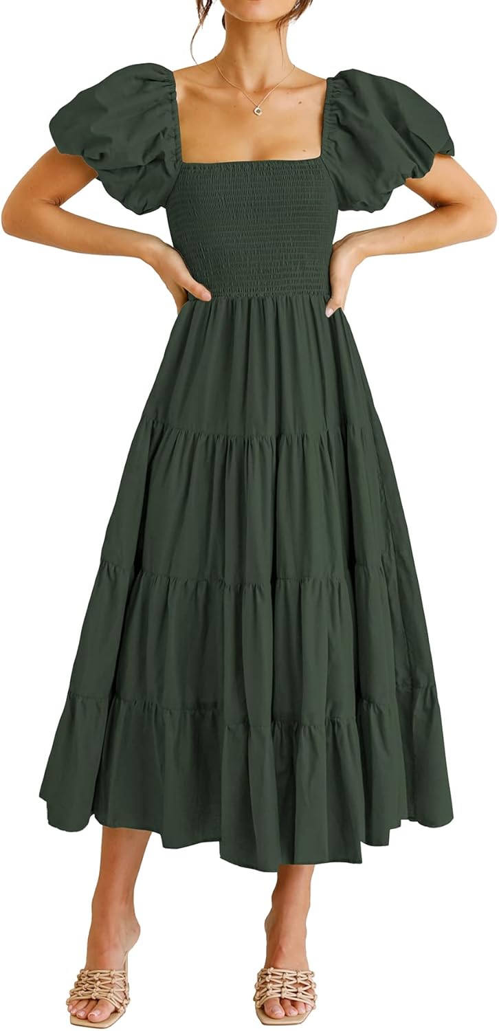 PRETTYGARDEN Women's Casual Summer Midi Dress Puffy Short Sleeve Square Neck Smocked Tiered Ruffle Dresses