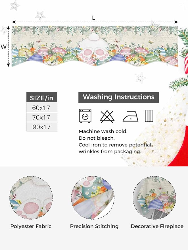 Cute Easter Bunny Fireplace Mantel Scarf Table Runner, Eucalyptus Leaves Colorful Eggs Beige Winter Garland Mantel Top Tablerunners Dresser Scarves Cover for Windows Party Living Room 90''x17''