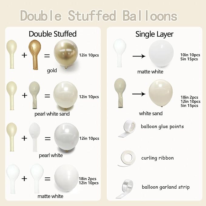 White Gold Balloon Arch Double Stuffed Pearl White Sand Cream Gold Chrome Balloon Garland Kit for Baptism Birthday Baby Shower Wedding Graduation Party Decorations
