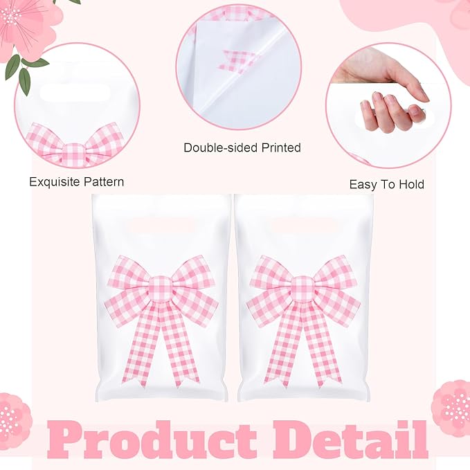 Supervitae 100 Pcs Pink Bow Gift Bags Coquette Plaid Bow Party Favor Plastic Bags Bulk with Handle for Birthday Wedding Bridal Shower Spring Easter Pastel Goodie Treat Bachelorette Party Supplies