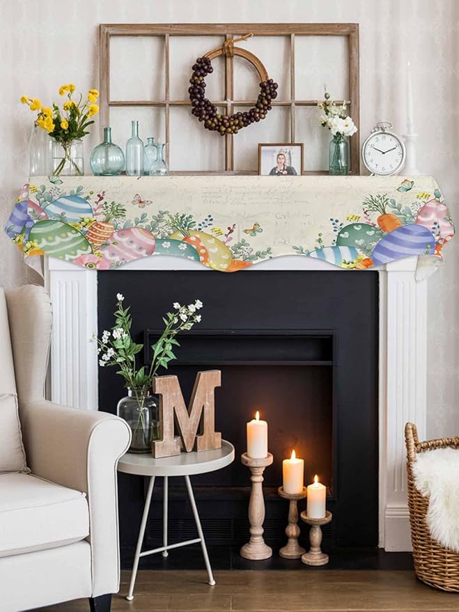 Easter Eggs Fireplace Mantel Scarf Table Runner, Farmhouse Spring Botanicals Plants Butterfly Winter Garland Mantel Top Tablerunners Dresser Scarves Cover for Windows Party Living Room 90''x17''