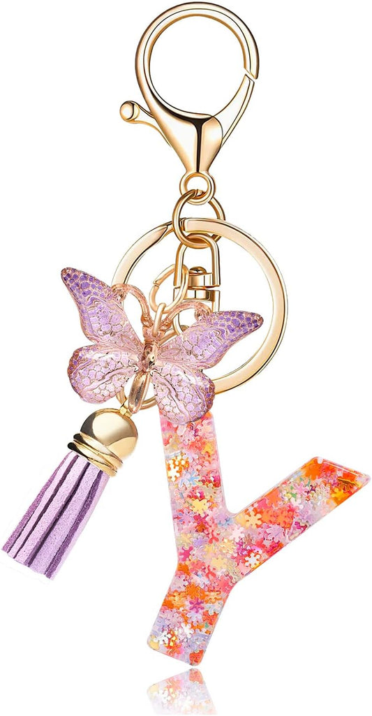 Fashion Alphabet Initial Letter Keychain Tassel Butterfly Pendant Key Ring for Purse Handbags Women Girl