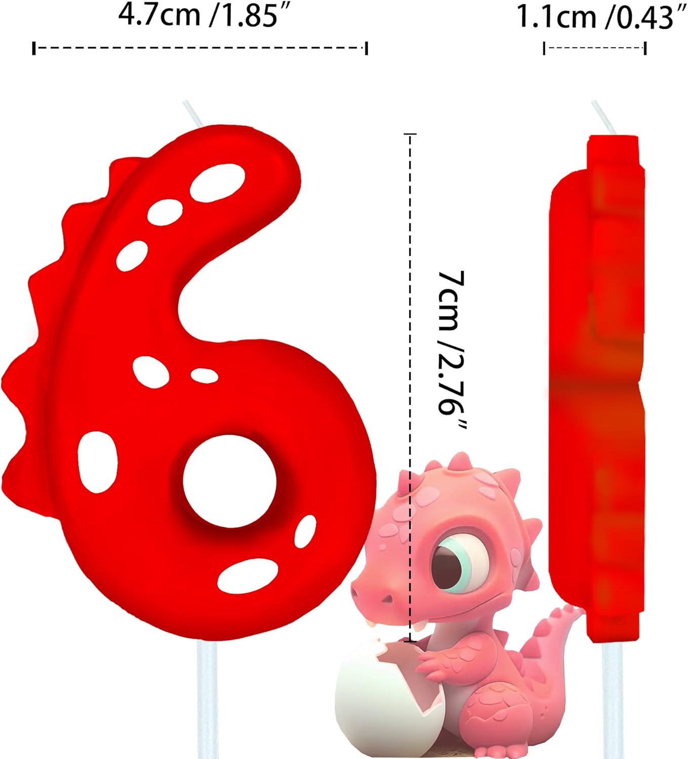 Number Birthday Candles(6 Candle Red) Dinosaur Shape Number Happy Birthday Cake Candles for Dinosaur Birthday Party Decoration Reunions Theme Party
