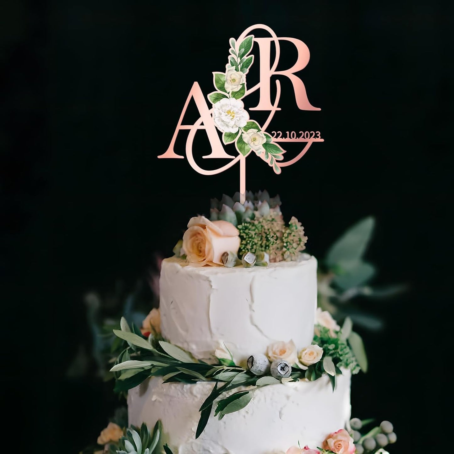 Personalized Wedding Cake Topper in Acrylic Custom Initials & Date Wedding Cake Decoration Printed with Flowers & Green Leaves