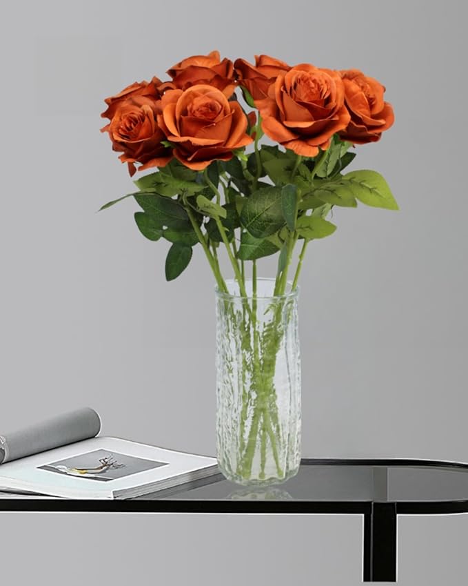 Artificial Roses Flowers, 12 Pcs Fake Rose in Bulk, Long Stem Realistic Silk Roses Bouquet for Fall Home Decor, Thanksgiving Decor, Centerpieces, Flower Arrangement (Burnt Orange, 12-PCS)