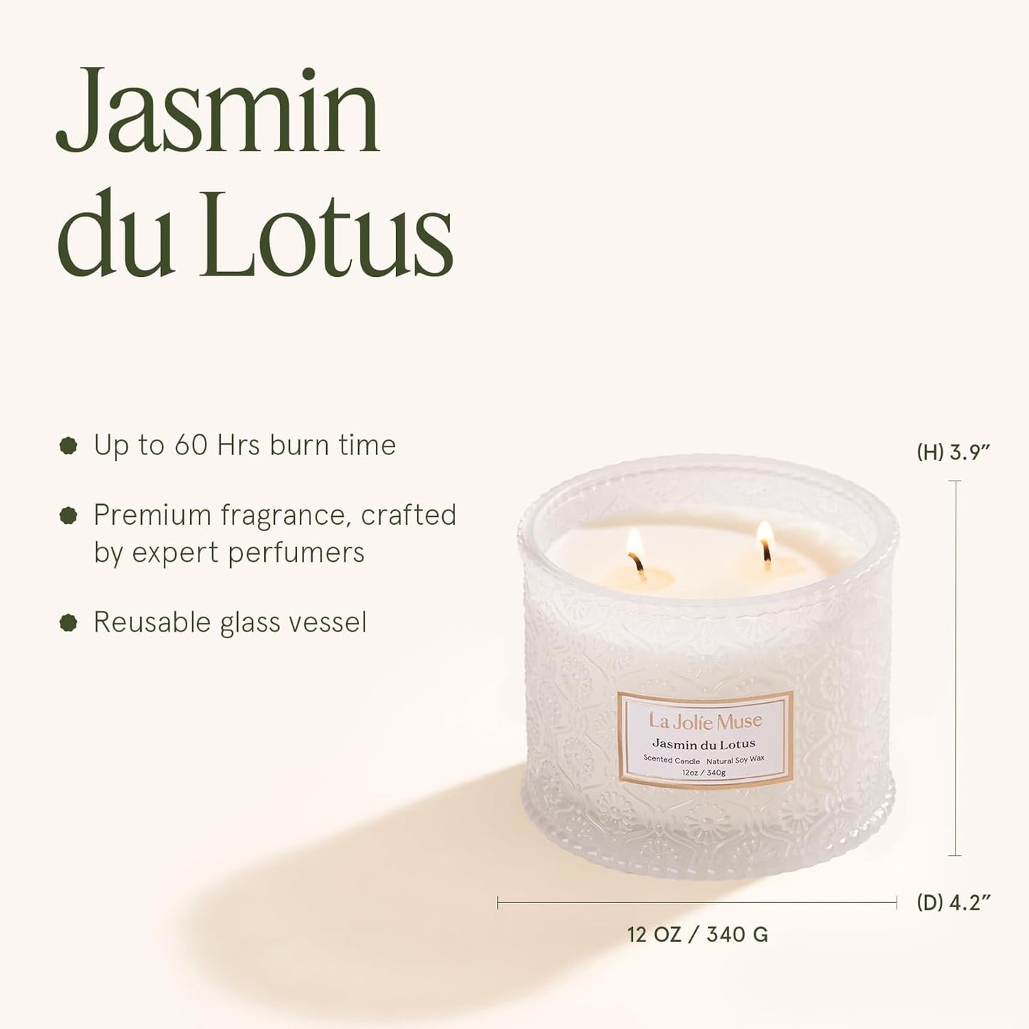 LA JOLIE MUSE Jasmin du Lotus Candle - Ivy, Jasmine, Cedarwood | 12 oz Large 2-Wick Soy Wax Candle | 60 Hours Clean Burn | Floral Scented Candle | Gift-Ready for Hosts & Gatherings